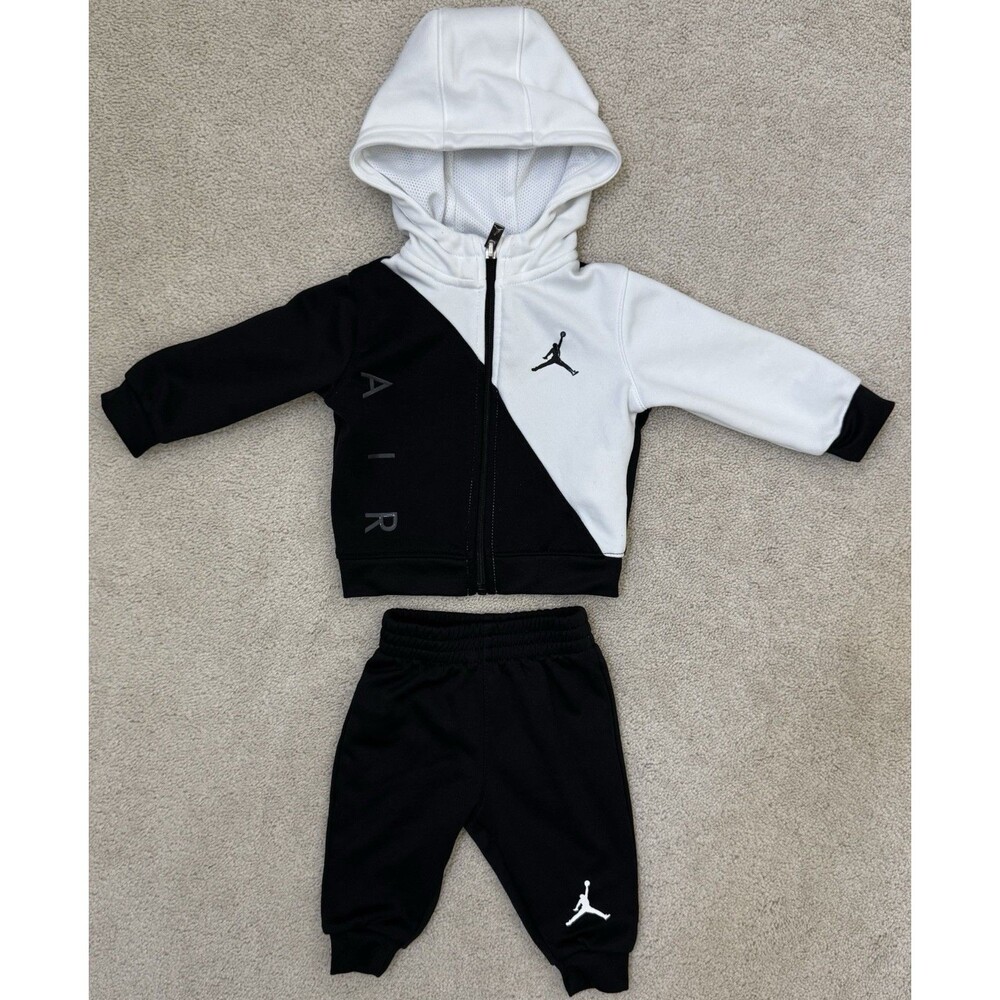 Jordan 3/6M Baby Hooded Zip Up/Track Suit Matching Set Black/White